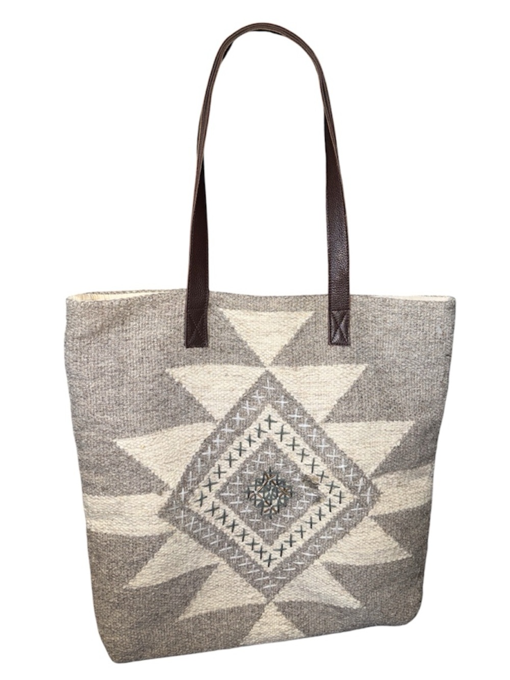 lovestitch Neutral Geo Tote with Dark Brown Straps